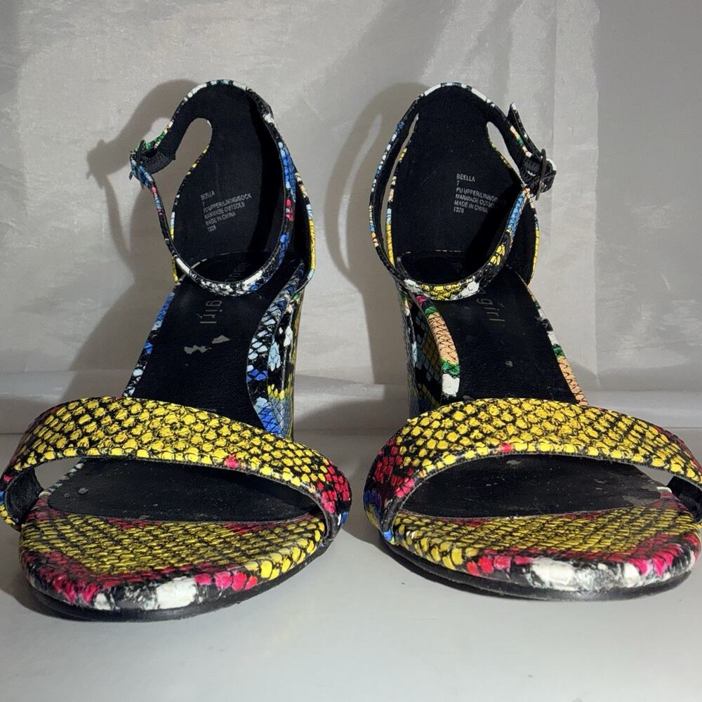 Madden Girl Beella Multi Color Snakeskin Block Heel Ankle Strap Sandals - Picture 3 of 9